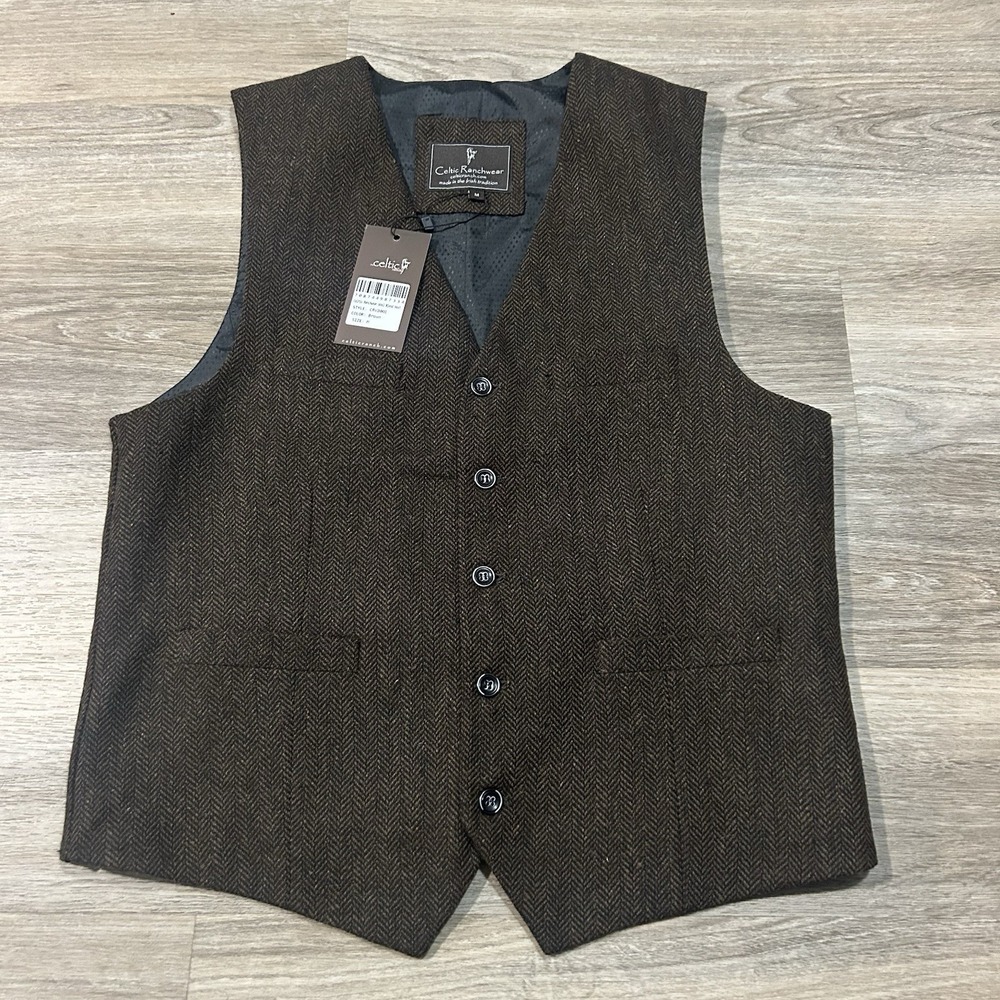 Celtic Ranchwear Herringbone Tweed Vest Mens Medium Waistcoat Lined Wool Blend